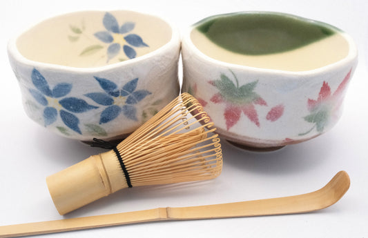 Mini Matcha set - Japanese Maple and Tessen flower motif (2 bowls, whisk, scoop)